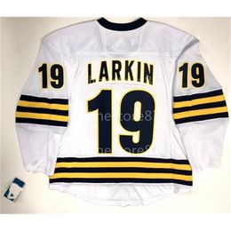 Vin40vintage SDYLAN LARKIN NEW RED WING MICHIGAN WOLVERINES WHITE BLUE HOCKEY JERSEY 100% embroidery custom or of any name or number