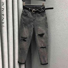 Personality High Waisted Harlem Jeans Women's Spring Hole Loose Slim Denim Harem Radish Pants Female 5B922 210427