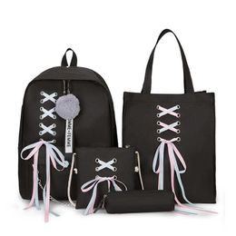 4 Set School Backpack Women Fashion Ribbon School Bags For Teenage Girls Kids Bags Children Schoolbag Casual Shoulder Bag X0529