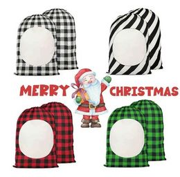 NEW!!! Sublimation Blank Drawstring Bag DIY Christmas Eve Day Party Gift Bags Stripe Plaid Double Sided Printing Linen Packing Storages Hand Tote Ornaments