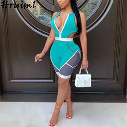 Sexy Bodysuit Jumpsuit Women Summer Color Matching Patchwork Hollow Out Bodycon Shorts Outfit Club Outfits 210513