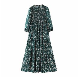 Vintage chic floral pattern print dress Bust elastic O neck long sleeve casual wear stylish chic green midi dresses vestidos 210329