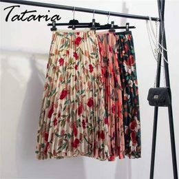 Tataria Women Print Flower Chiffon Mid-calf Skirts High Waist Pleated Skirt Summer Loose Casual 210514