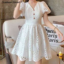 White Lace Dresses Woman V-neck High Waist Summer Clothing Puff Sleeve Elegant Party Female Vestido 210603