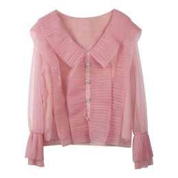 Women Elegant Sweet Pink Chiffon Ruffle V-Neck Pullover Button Flared Sleeve Shirt Blouse B3078 210514