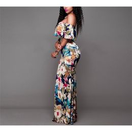 Women Boho Maxi DrSummer Style Off Shoulder Ruffled Floral Print backlLong Dresses Feminine Floor Length Gown X0529