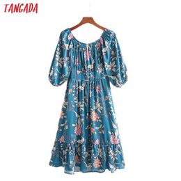 Tangada Summer Women Flowers Print Backless Bow Beach Dress Puff Sleeve Ladies Mini Dress Vestidos 1D228 210609