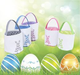 NEWEaster Striped Bunny Basket Festive Canvas Rabbit Printing Bucket with Plush Tail Toy Candy Tote Bag for Children Gifts ZZA10268