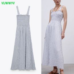 Women Dresses White Blue Striped Backless Long Dress Woman Summer Vintage Strap Ruched Party Elastic Chest 210430