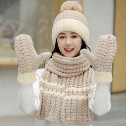 Women Winter 3pcs Pompom Beanie Hat Long Scarf Gloves Set Contrast Color Chunky Knit Plush Lined Skull Cap Neck Warmer