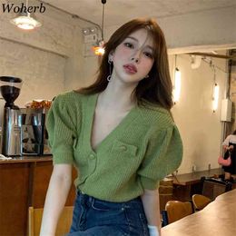 Thin Cardigans Women Fashion Korean Chic Vintage Short Puff Sleeve Sweaters Casual Solid Knitted Tops Coat 210519