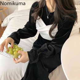 Nomikuma Women Velour Dress Korean Lace Bow Cross Bandage Dresses Autumn Winter Elegant Flare Long Sleeve Vestidos 6D528 210427