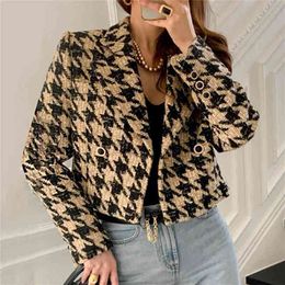 [EWQ] Autumn Female Turn Down Collar Double Breasted Minimalist Loose Plaid Cotton Heavy Tweed Jacket Cardigan Coat 8D1115 210922