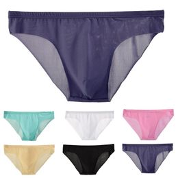 Underpants Men's Sexy See-through Silk Briefs Mesh Sheer Pouch Stretchy Seamless Panties Thongs Underwear Solid Colour