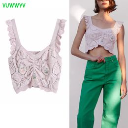 Summer Blouses Purple Floral Knit Crop Top Women Elegant Ruffle Wide Straps Woman Tops Casual Streetwear Tunic 210430