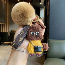 LL2021 Keychain Luggage Accessories Bulldog Key Chain brown flower leather men women handbags Bags Lovers Car Pendant 6 Colours