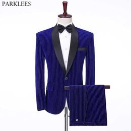 Luxury Royal Blue Wedding Velvet Suit Men One Button Shawl Lapel Tuxedo Suits with Pants Mens Grooming Dinner Terno Masculino 210522