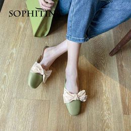 SOPHITINA Cow Leather Summer Women Sandals Flat High Quality Sweet Butterfly-knot Square Toe Soft Walking Mules Shoes FO274 210513