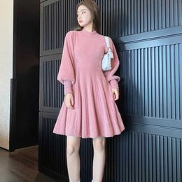 Elegant Button Lantern Sleeve A-line Knitted Dress Temperament O Neck Mini Sweater Women Autumn Winter 210529