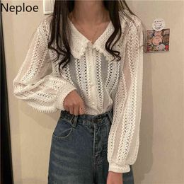 Neploe Temperament White Blouses Women Lace Beading See Through Shirt Tops Female Korean Fashion Blusas Mujer De Moda 94802 210422