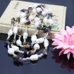 3row Long Fresh Water Pearl Beads Irregular tourmaline Crystal Necklace Sweater Chain Natural Fashion Jewellery