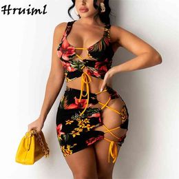 Two Piece Set Women Top and Skirts Floral Print Hollow Out Criss-cross Lace-up Skirt Suits Evening Party Club Summer Women's 210513