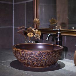 Brown Europe Style China Artistic Handmade Flower Shape Counter top Ceramic Bathroom Vessel Sink hand wash basin
