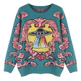 Harajuku Fashion Flying Saucer Embroidery Women Sweater Vintage Long Sleeve Chic Cartoon Pullover Knitted 210914