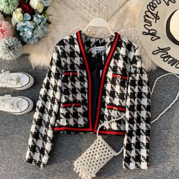 Novo design de outono feminino com decote em v manga longa color block quadriculado xadrez tweed casaco de lã casacos MLXL