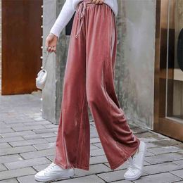 Gold Velvet Wide-leg Pants Women Loose Casual Korean Was Thin Sports Shaking Autumn And Winter Trousers 210427