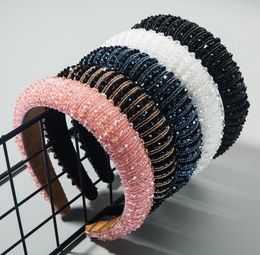 MOQ 2pcs naby blue high-end ladies sponge headband simple wide-sided fashion handmade beaded net red temperament headbands Korean black pink