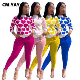 CM.YAYA Sportwear Women's Set Love Print Sweatshirt Jogger Pants Tracksuit Matching Two Piece Outfit Active Sweatsuit 211105