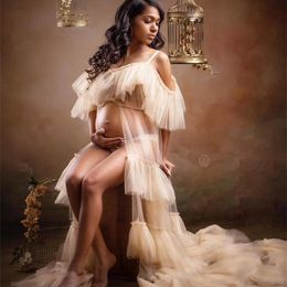Champagne Maternity Dress Spaghetti Straps Tiered Skirts Pregnant Women Evening Dresses Ruffles Lingerie Bathrobe Nightwear Babydoll