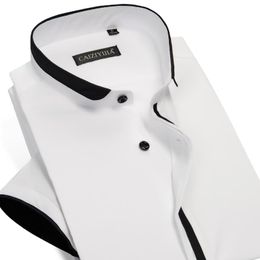 band collar shirts NZ - Men's Casual Shirts Banded Collar With Black Piping Cotton Pocket-less Design Summer Thin Short Sleeve Standard-fit Tops Shirt
