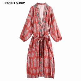 Bohemian V neck Grass Floral Print Long Kimono Shirt Ethnic Lacing up With Sashes Long BOHO Cardigan Tie Bow Blouse Tops 210323