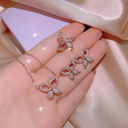 Necklace New Fashion Women Jewelry Sets 18K Rose Gold Plated CZ Butterfly Earrings Necklace Ring Set for Girls Women Nice Gift