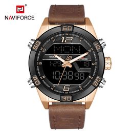NAVIFORCE Men Watches Army Sport Watch Men's Leather Waterproof Quartz Wristwatch Male Analog Digital Clock Relogio Masculino 210517