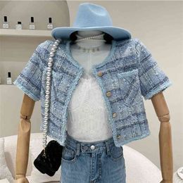 High Quality Summer Fashion Casual Plaid Tweed Jackets Coat Women Crop Top Ladies Vintage Short Coats Ropa Mujer 210514