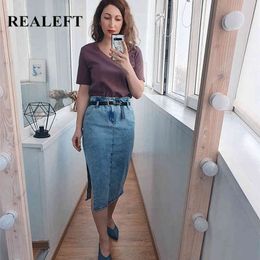 Vintage Women's Long Denim Skirt Spring Summer High Wasit Jeans Straight Female A-line Pencil Split 210428