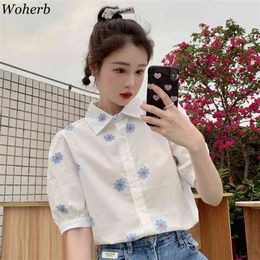 Summer Shirt Vintage Floral Embroidery Blouses Women Casual Puff Sleeve White Blouse Korean Temperament Blusas Tops 4i860 210519