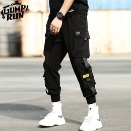 Hip Hop Streetwear Men's Splice Calças Moda Calças Casuais High Street Elastic Cintura Elástica Harem Black Jungers 210715