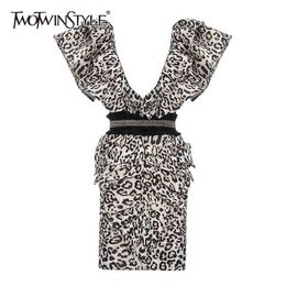 Ruffle Leopard Dress Women V Neck Sleeveless Backless Sexy Bodycon Dresses Female Spring Summer Fashion 210520