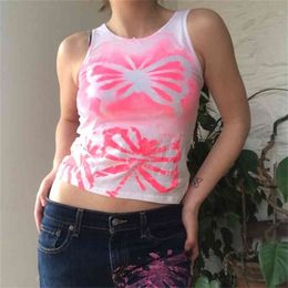 Butterfly Printed Y2k Crop Tank Top For Girls Summer Chic Sleeveless Casual Women Tee O-Neck Shirt Vest Pullover Streetwear 210510