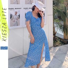 Summer Party Wrap Dress Vintage Blue Print Floral Sexy Slit Beach Holiday Dresses Ladies Vestidos 210608