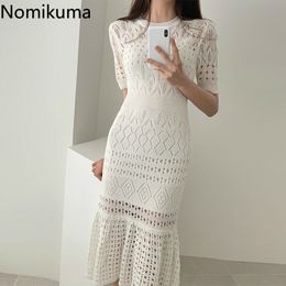 Nomikuma Elegant Short Sleeve Bodycon Dress Women Solid Colour Hollow Out Korean Dresses Summer Vestidos Ropa Mujer 3a991 210514