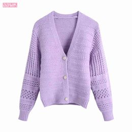 Long-sleeved V-neck Women Faux Pearl Breasted with Purple Knitted T-shirt Vintage Solid Colour Loose Chic Female Tops 210507