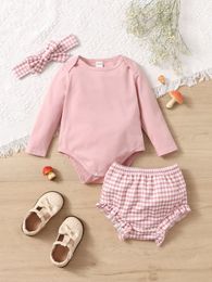 Baby Button Detail Bodysuit & Frill Trim Gingham Shorts & Hair Band SHE