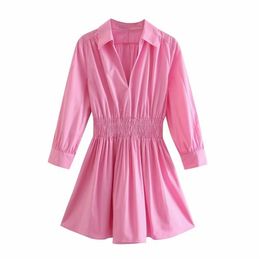 Women Fashion Pink Colour Pleat High Elastic Waist Poplin Shirt Dress Chic Female Three Quarter Sleeve Vestido 210529