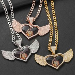 Custom Picture Pendant Necklace Heart Angel Wings Medallions With 4MM Tennis Chain Crystal Men Women Hip Hop Jewelry Gift
