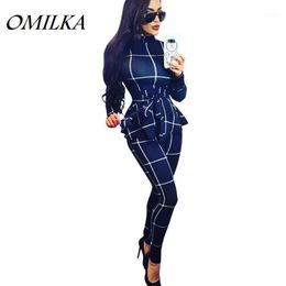 Women's Jumpsuits & Rompers OMILKA Plaid Printed And 2021 Autumn Women Long Sleeve O Neck Bandage Bodycon Club Party Full Overalls